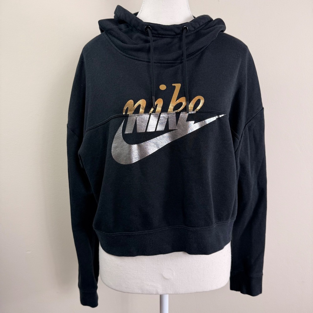 Nike Womens Black Metallic Gold Silver Logo Cropped Hoodie Sweatshirt Size M
